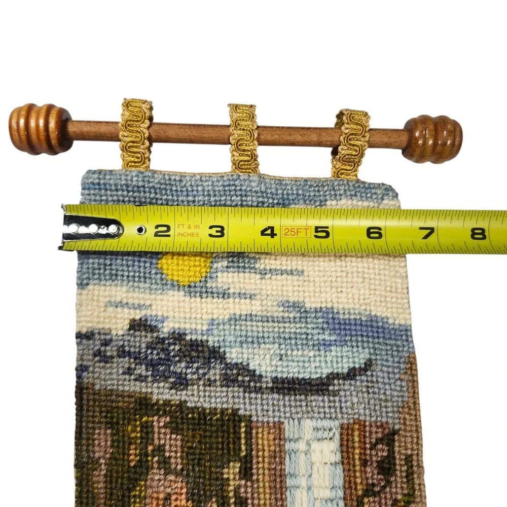 Vintage Needlepoint Bell Pull Wall Hanging Waterfall Landscape Wood Dowel 35x6